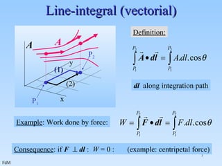 Line-integral (vectorial) dl  along integration path Consequence : if  F     dl  :  W  = 0 :  (example: centripetal force) A x y P 1 P 2 A (1) (2) Example : Work done by force: Definition: 