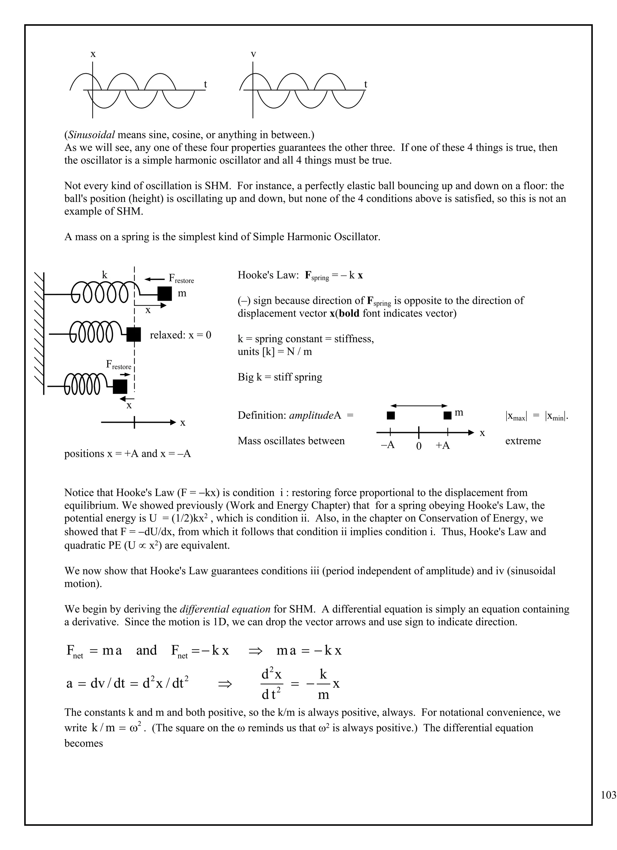 103
x
t
v
t
(Sinusoidal means sine, cosine, or anything in between.)
As we will see, any one of these four properties guarantees the other three. If one of these 4 things is true, then
the oscillator is a simple harmonic oscillator and all 4 things must be true.
Not every kind of oscillation is SHM. For instance, a perfectly elastic ball bouncing up and down on a floor: the
ball's position (height) is oscillating up and down, but none of the 4 conditions above is satisfied, so this is not an
example of SHM.
A mass on a spring is the simplest kind of Simple Harmonic Oscillator.
Hooke's Law: Fspring = – k x
(–) sign because direction of Fspring is opposite to the direction of
displacement vector x(bold font indicates vector)
k = spring constant = stiffness,
units [k] = N / m
Big k = stiff spring
Definition: amplitudeA = |xmax| = |xmin|.
Mass oscillates between extreme
positions x = +A and x = –A
Notice that Hooke's Law (F = kx) is condition i : restoring force proportional to the displacement from
equilibrium. We showed previously (Work and Energy Chapter) that for a spring obeying Hooke's Law, the
potential energy is U = (1/2)kx2 , which is condition ii. Also, in the chapter on Conservation of Energy, we
showed that F = dU/dx, from which it follows that condition ii implies condition i. Thus, Hooke's Law and
quadratic PE (U  x2) are equivalent.
We now show that Hooke's Law guarantees conditions iii (period independent of amplitude) and iv (sinusoidal
motion).
We begin by deriving the differential equation for SHM. A differential equation is simply an equation containing
a derivative. Since the motion is 1D, we can drop the vector arrows and use sign to indicate direction.
net net
2
2 2
2
F ma and F k x ma k x
d x k
a dv / dt d x / dt x
d t m
    
    
The constants k and m and both positive, so the k/m is always positive, always. For notational convenience, we
write . (The square on the  reminds us that 2 is always positive.) The differential equation
2
k / m  
becomes
x
relaxed: x = 0
m
x
Frestore
Frestore
x
k
x
m
+A
–A 0
 