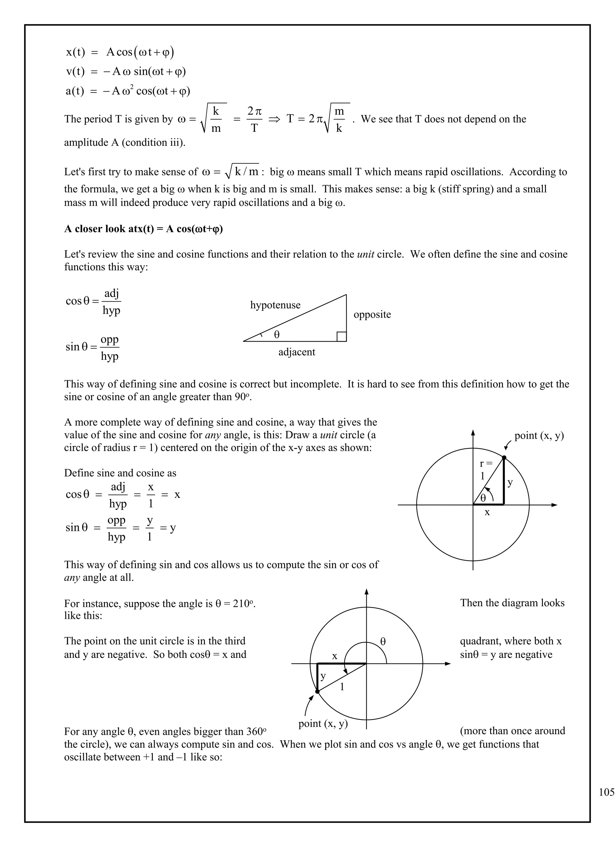 105
 
2
x(t) Acos t
v(t) A sin( t )
a(t) A cos( t )
   
     
     
The period T is given by . We see that T does not depend on the
k 2 m
T 2
m T k

     
amplitude A (condition iii).
Let's first try to make sense of : big  means small T which means rapid oscillations. According to
k / m
 
the formula, we get a big  when k is big and m is small. This makes sense: a big k (stiff spring) and a small
mass m will indeed produce very rapid oscillations and a big .
A closer look atx(t) = A cos(t+)
Let's review the sine and cosine functions and their relation to the unit circle. We often define the sine and cosine
functions this way:
adj
cos
hyp
 
opp
sin
hyp
 
This way of defining sine and cosine is correct but incomplete. It is hard to see from this definition how to get the
sine or cosine of an angle greater than 90o.
A more complete way of defining sine and cosine, a way that gives the
value of the sine and cosine for any angle, is this: Draw a unit circle (a
circle of radius r = 1) centered on the origin of the x-y axes as shown:
Define sine and cosine as
adj x
cos x
hyp 1
   
opp y
sin y
hyp 1
   
This way of defining sin and cos allows us to compute the sin or cos of
any angle at all.
For instance, suppose the angle is  = 210o. Then the diagram looks
like this:
The point on the unit circle is in the third quadrant, where both x
and y are negative. So both cos = x and sin = y are negative
For any angle , even angles bigger than 360o (more than once around
the circle), we can always compute sin and cos. When we plot sin and cos vs angle , we get functions that
oscillate between +1 and –1 like so:

opposite
adjacent
hypotenuse
x
y

r =
1
point (x, y)
x
y

1
point (x, y)
 