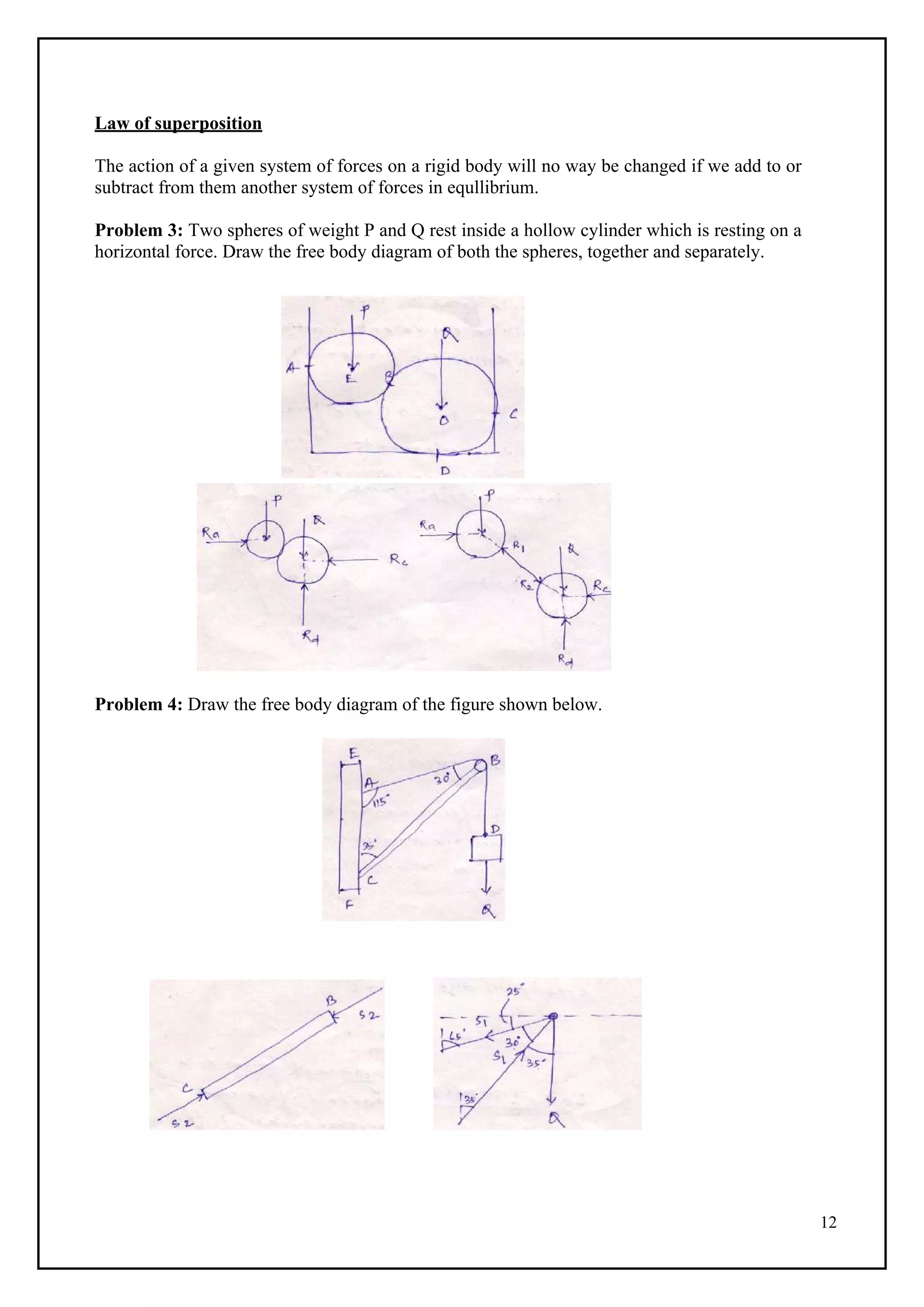 12
Law of superposition
The action of a given system of forces on a rigid body will no way be changed if we add to or
subtract from them another system of forces in equllibrium.
Problem 3: Two spheres of weight P and Q rest inside a hollow cylinder which is resting on a
horizontal force. Draw the free body diagram of both the spheres, together and separately.
Problem 4: Draw the free body diagram of the figure shown below.
 