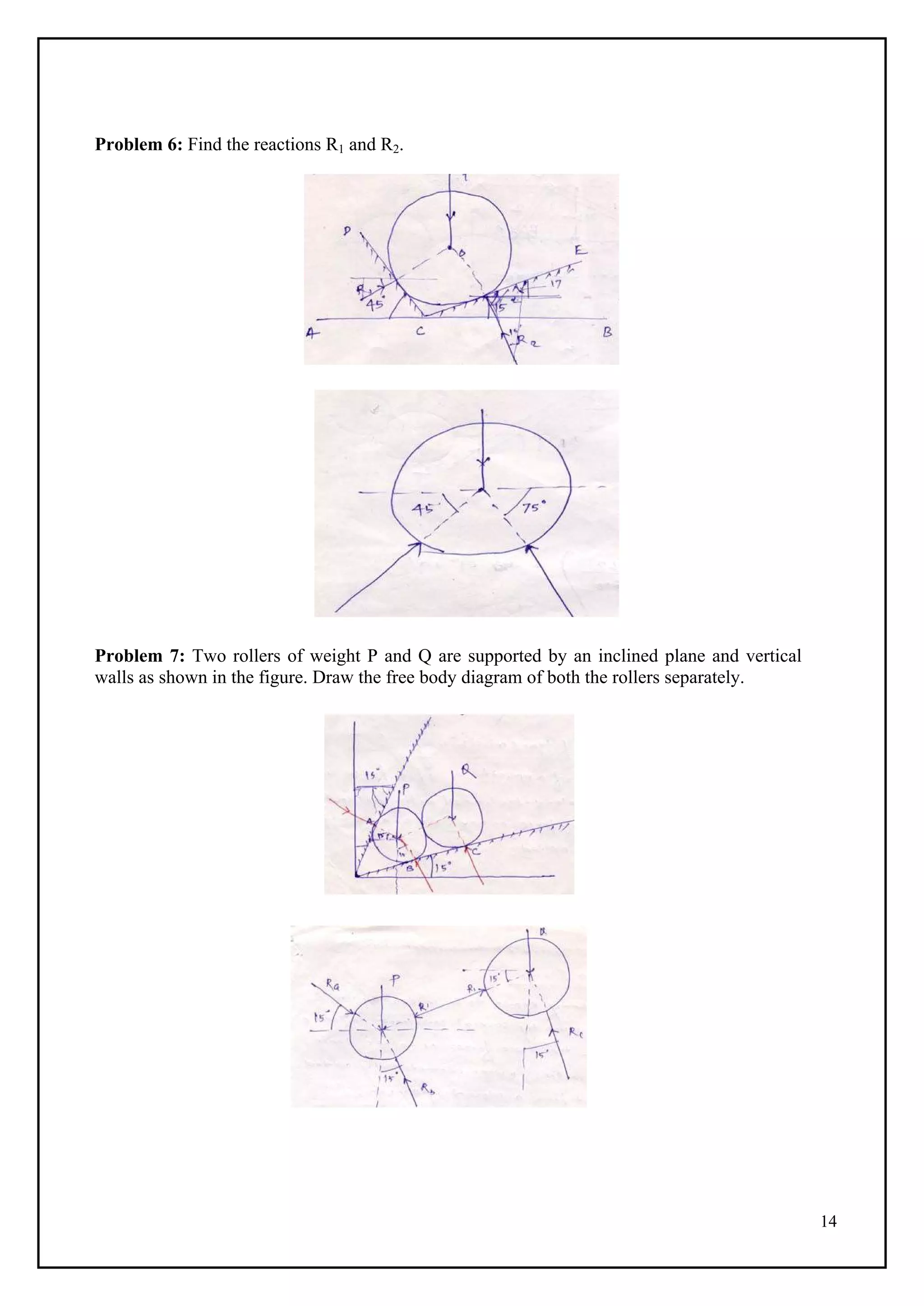 14
Problem 6: Find the reactions R1 and R2.
Problem 7: Two rollers of weight P and Q are supported by an inclined plane and vertical
walls as shown in the figure. Draw the free body diagram of both the rollers separately.
 