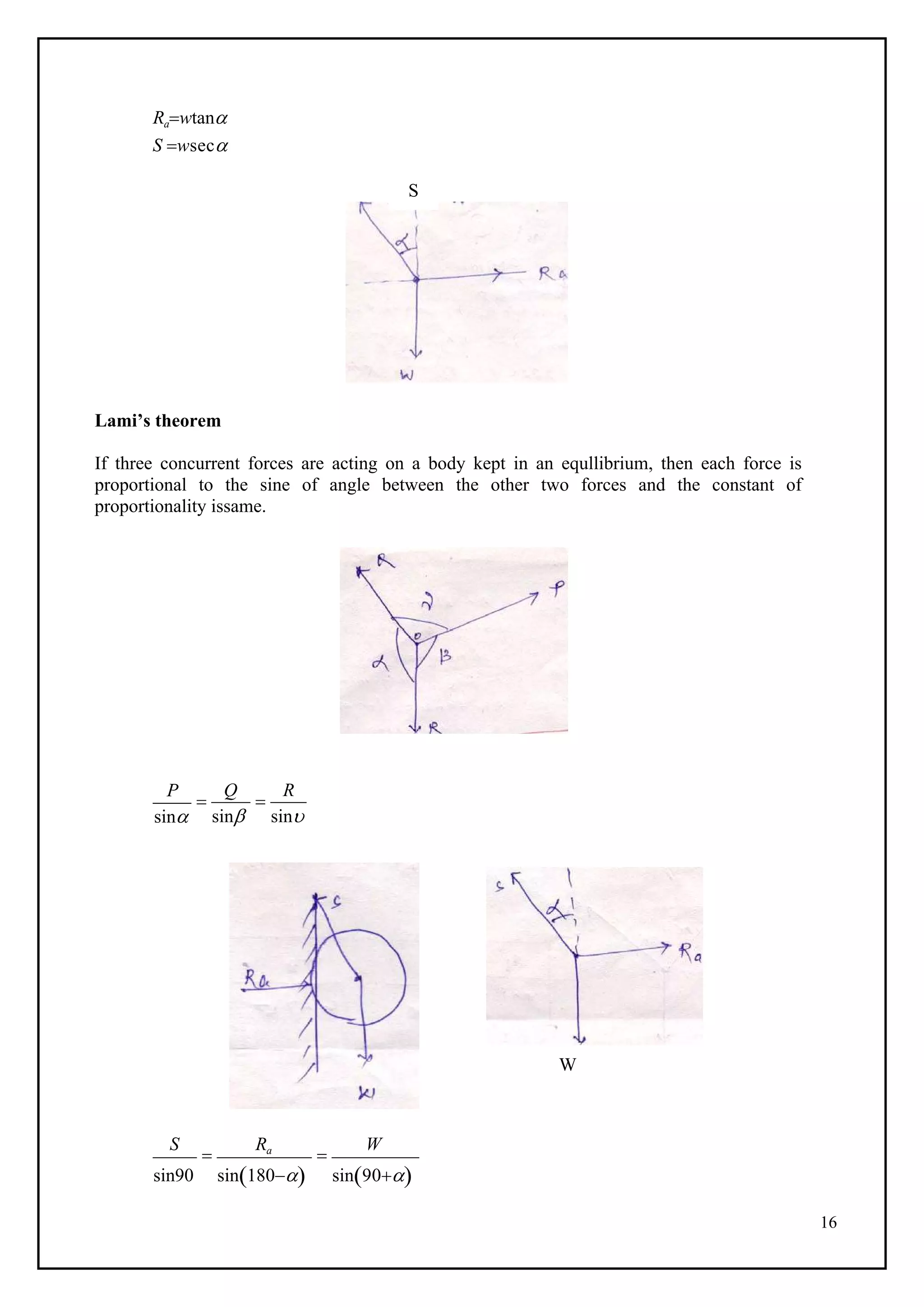 16
Rawtan
S wsec
Lami’s theorem
If three concurrent forces are acting on a body kept in an equllibrium, then each force is
proportional to the sine of angle between the other two forces and the constant of
proportionality issame.
P
sin

Q
sin

R
sin
W
S

Ra

W
sin90 sin180 sin90
S
 