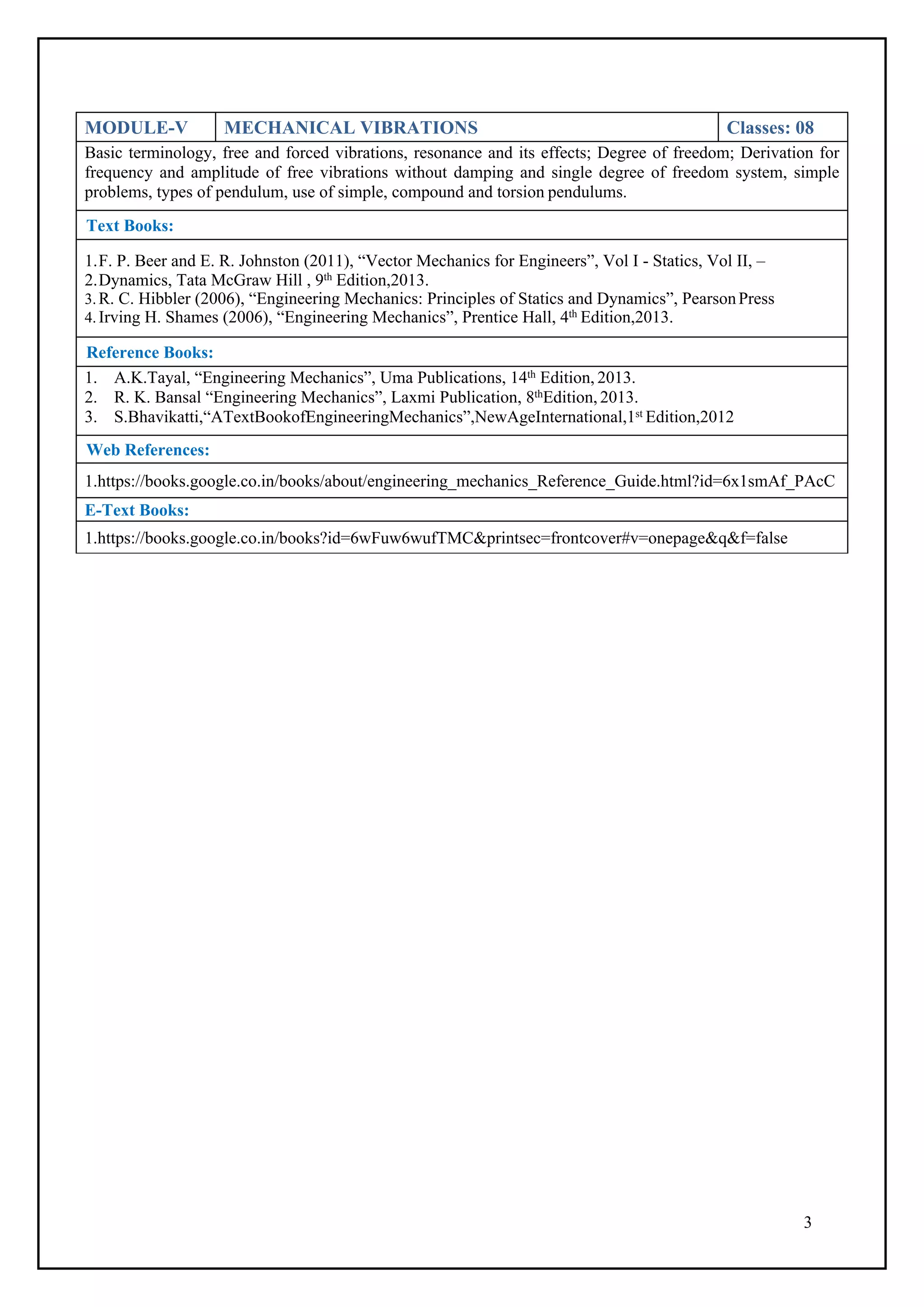 3
MODULE-V MECHANICAL VIBRATIONS Classes: 08
Basic terminology, free and forced vibrations, resonance and its effects; Degree of freedom; Derivation for
frequency and amplitude of free vibrations without damping and single degree of freedom system, simple
problems, types of pendulum, use of simple, compound and torsion pendulums.
Text Books:
1.F. P. Beer and E. R. Johnston (2011), “Vector Mechanics for Engineers”, Vol I - Statics, Vol II, –
2.Dynamics, Tata McGraw Hill , 9th Edition,2013.
3.R. C. Hibbler (2006), “Engineering Mechanics: Principles of Statics and Dynamics”, PearsonPress
4.Irving H. Shames (2006), “Engineering Mechanics”, Prentice Hall, 4th Edition,2013.
Reference Books:
1. A.K.Tayal, “Engineering Mechanics”, Uma Publications, 14th Edition, 2013.
2. R. K. Bansal “Engineering Mechanics”, Laxmi Publication, 8thEdition, 2013.
3. S.Bhavikatti,“ATextBookofEngineeringMechanics”,NewAgeInternational,1st Edition,2012
Web References:
1.https://books.google.co.in/books/about/engineering_mechanics_Reference_Guide.html?id=6x1smAf_PAcC
E-Text Books:
1.https://books.google.co.in/books?id=6wFuw6wufTMC&printsec=frontcover#v=onepage&q&f=false
 