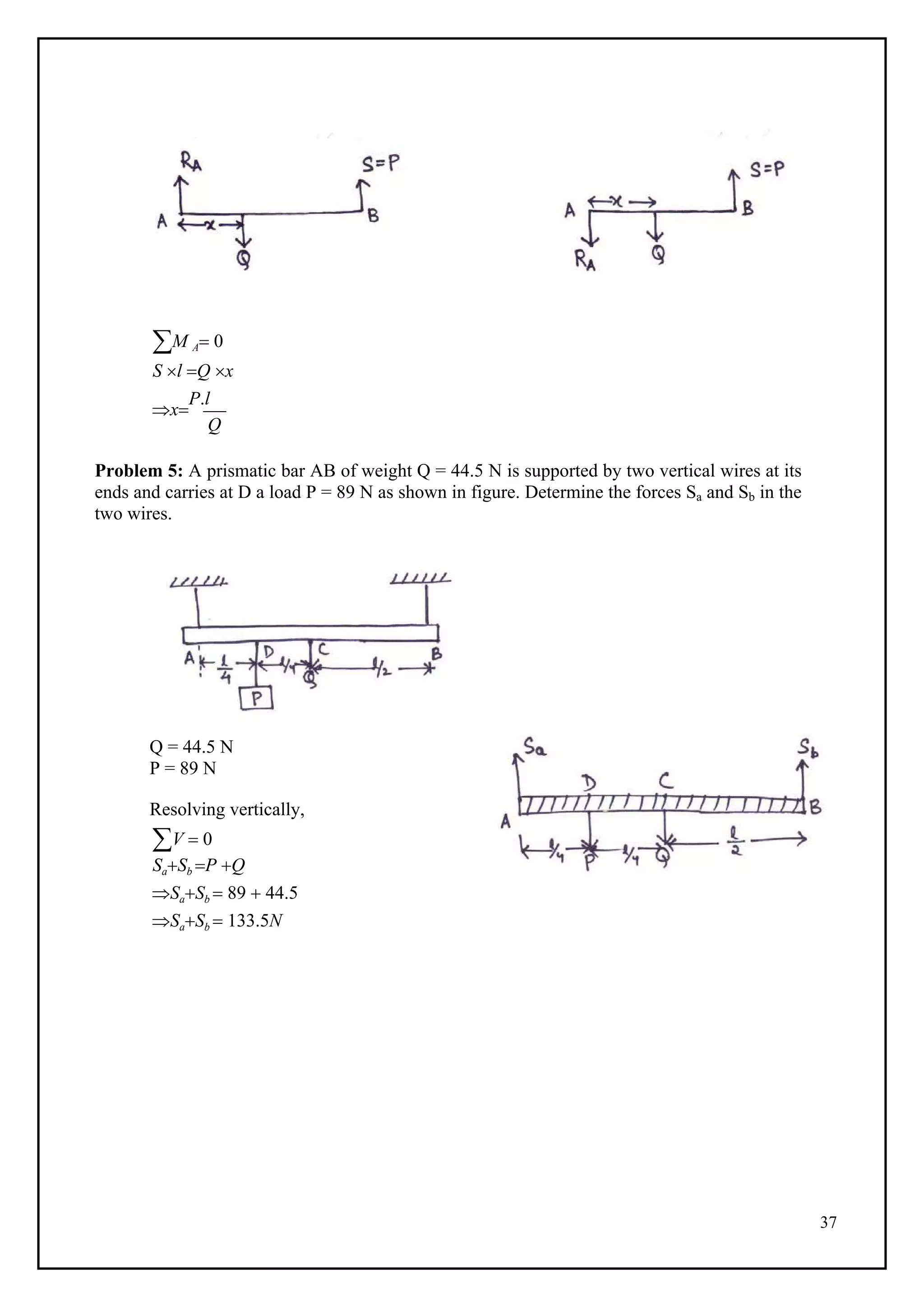 37
OR
M A 0
S l Q x
x
P.l
Q
Problem 5: A prismatic bar AB of weight Q = 44.5 N is supported by two vertical wires at its
ends and carries at D a load P = 89 N as shown in figure. Determine the forces Sa and Sb in the
two wires.
Q = 44.5 N
P = 89 N
Resolving vertically,
V  0
SaSb P Q
SaSb  89  44.5
SaSb  133.5N
 