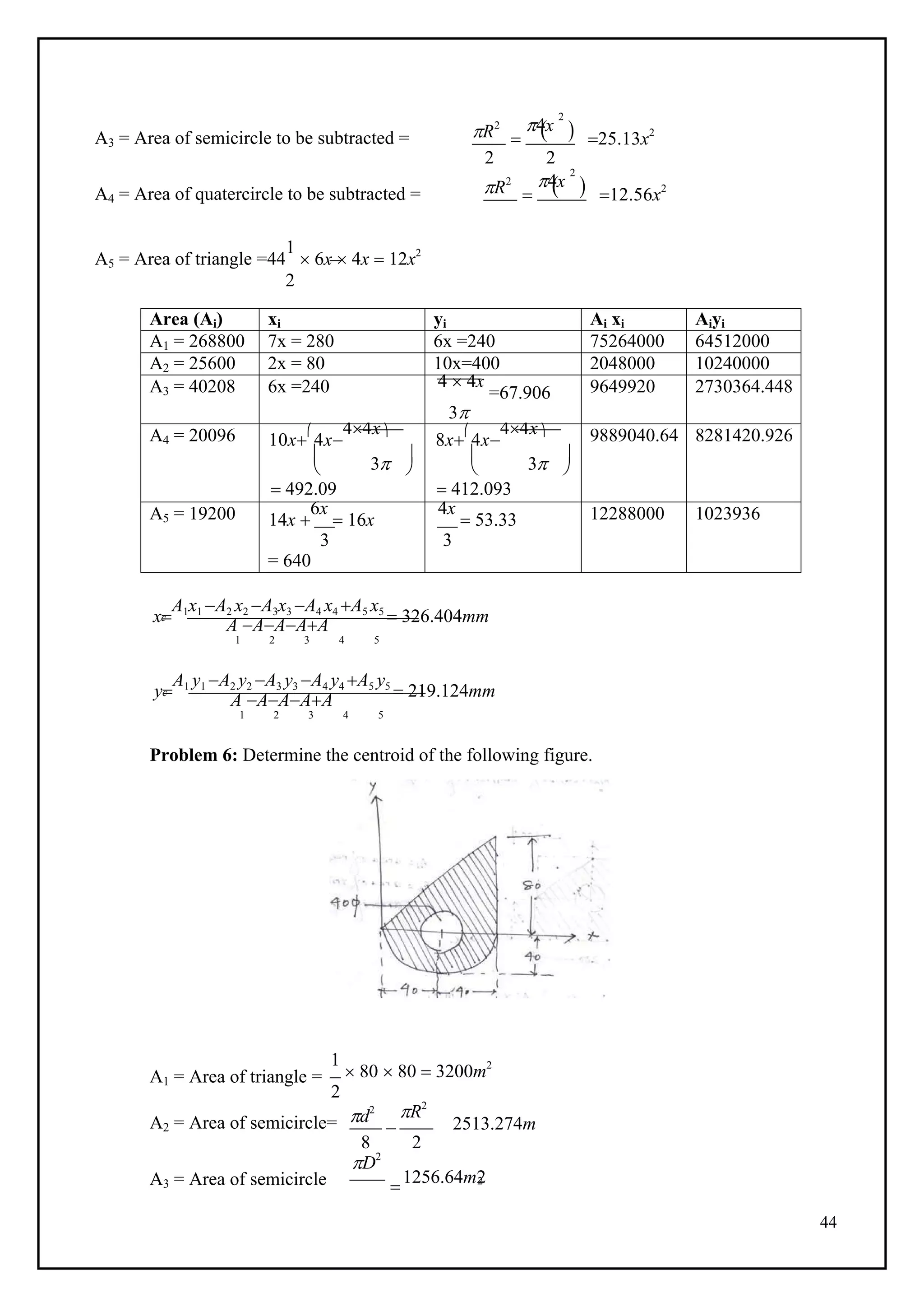 44
 
 

2

 2
A3 = Area of semicircle to be subtracted = R2 4x
2
 25.13x2
2 2
A4 = Area of quatercircle to be subtracted = R2 4x
2
 12.56x2
A5 = Area of triangle =44
1
 6x  4x  12x2
2
Area (Ai) xi yi Ai xi Aiyi
A1 = 268800 7x = 280 6x =240 75264000 64512000
A2 = 25600 2x = 80 10x=400 2048000 10240000
A3 = 40208 6x =240 4  4x
=67.906
3
9649920 2730364.448
A4 = 20096 10x

4x
44x
 3 
 
 492.09
8x

4x
44x
 3 
 
 412.093
9889040.64 8281420.926
A5 = 19200 14x 
6x
 16x
4x
 53.33 12288000 1023936
3 3
= 640
x
A1x1 A2 x2 A3x3 A4 x4 A5 x5
 326.404mm
c
A AAAA
1 2 3 4 5
y
A1 y1 A2 y2 A3 y3 A4 y4 A5 y5
 219.124mm
c
A AAAA
1 2 3 4 5
Problem 6: Determine the centroid of the following figure.
A1 = Area of triangle =
1
 80  80  3200m2
2
A2 = Area of semicircle= d2 R2
2513.274m
A3 = Area of semicircle
8 2
D2
1256.64m2
 