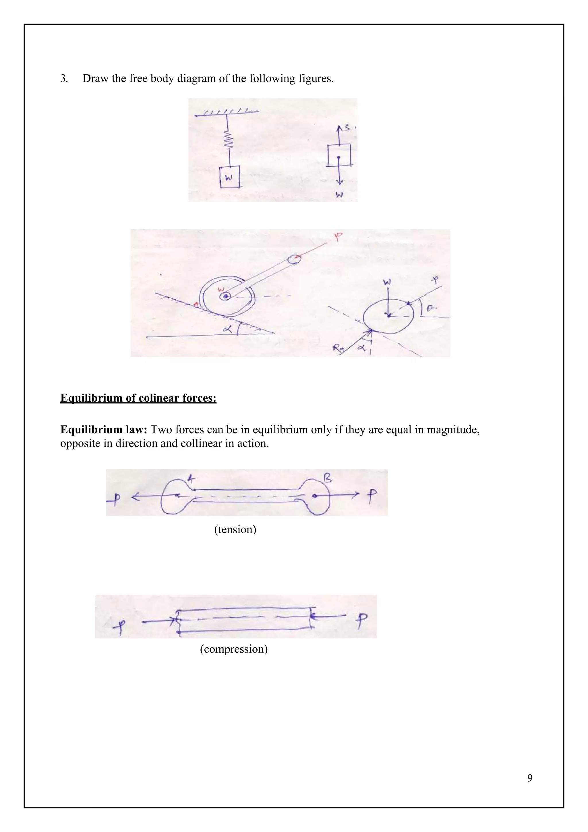 9
Problem 1:
3. Draw the free body diagram of the following figures.
Equilibrium of colinear forces:
Equilibrium law: Two forces can be in equilibrium only if they are equal in magnitude,
opposite in direction and collinear in action.
(tension)
(compression)
 