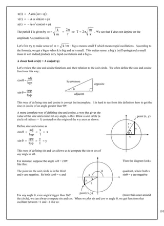 105
 
2
x(t) Acos t
v(t) A sin( t )
a(t) A cos( t )
   
     
     
The period T is given by . We see that T does not depend on the
k 2 m
T 2
m T k

     
amplitude A (condition iii).
Let's first try to make sense of : big  means small T which means rapid oscillations. According to
k / m
 
the formula, we get a big  when k is big and m is small. This makes sense: a big k (stiff spring) and a small
mass m will indeed produce very rapid oscillations and a big .
A closer look atx(t) = A cos(t+)
Let's review the sine and cosine functions and their relation to the unit circle. We often define the sine and cosine
functions this way:
adj
cos
hyp
 
opp
sin
hyp
 
This way of defining sine and cosine is correct but incomplete. It is hard to see from this definition how to get the
sine or cosine of an angle greater than 90o.
A more complete way of defining sine and cosine, a way that gives the
value of the sine and cosine for any angle, is this: Draw a unit circle (a
circle of radius r = 1) centered on the origin of the x-y axes as shown:
Define sine and cosine as
adj x
cos x
hyp 1
   
opp y
sin y
hyp 1
   
This way of defining sin and cos allows us to compute the sin or cos of
any angle at all.
For instance, suppose the angle is  = 210o. Then the diagram looks
like this:
The point on the unit circle is in the third quadrant, where both x
and y are negative. So both cos = x and sin = y are negative
For any angle , even angles bigger than 360o (more than once around
the circle), we can always compute sin and cos. When we plot sin and cos vs angle , we get functions that
oscillate between +1 and –1 like so:

opposite
adjacent
hypotenuse
x
y

r =
1
point (x, y)
x
y

1
point (x, y)
 