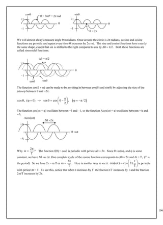 106
cos

sin

 = 3600 = 2 rad
+1
–1
 = 2
–1
+1
We will almost always measure angle  in radians. Once around the circle is 2 radians, so sine and cosine
functions are periodic and repeat every time  increases by 2 rad. The sine and cosine functions have exactly
the same shape, except that sin is shifted to the right compared to cos by    . Both these functions are
called sinusoidal functions.
cos

sin
 = 
+1
–1
The function cos(  ) can be made to be anything in between cos() and sin() by adjusting the size of the
phase between 0 and 2.
 
cos , ( 0) sin cos , / 2
2

 
         
 
 
The function cos(t + ) oscillates between +1 and 1, so the function Acos(t + ) oscillates between +A and
A.
 t
Acos(t)
+A
–A
 
Why ? The function f() = cos is periodic with period   . Since  t and  is some
2
T

 
constant, we have   t. One complete cycle of the cosine function corresponds to    and t = T, (T is
the period). So we have 2 =  T or . Here is another way to see it: is periodic
2
T

 
t
cos( t) cos 2
T
 
  
 
 
with period t = T. To see this, notice that when t increases by T, the fraction t/T increases by 1 and the fraction
2t/T increases by 2.
 
