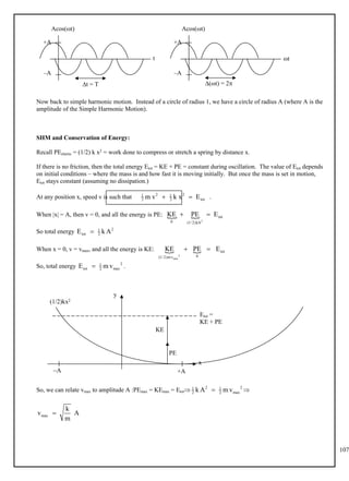 107
t
Acos(t)
+A
–A
t = T
t
Acos(t)
+A
–A
t) = 2
Now back to simple harmonic motion. Instead of a circle of radius 1, we have a circle of radius A (where A is the
amplitude of the Simple Harmonic Motion).
SHM and Conservation of Energy:
Recall PEelastic = (1/2) k x2 = work done to compress or stretch a spring by distance x.
If there is no friction, then the total energy Etot = KE + PE = constant during oscillation. The value of Etot depends
on initial conditions – where the mass is and how fast it is moving initially. But once the mass is set in motion,
Etot stays constant (assuming no dissipation.)
At any position x, speed v is such that .
2 2
1 1
tot
2 2
m v k x E
 
When |x| = A, then v = 0, and all the energy is PE:  
2
tot
0 (1/2)kA
KE PE E
 
So total energy 2
1
tot 2
E k A

When x = 0, v = vmax, and all the energy is KE:  
2
max
tot
0
(1/2)mv
KE PE E
 
So, total energy .
2
1
tot max
2
E m v

x
y
Etot =
KE + PE
(1/2)kx2
PE
+A
A
KE
So, we can relate vmax to amplitude A :PEmax = KEmax = Etot 
2 2
1 1
max
2 2
k A m v

max
k
v A
m

 