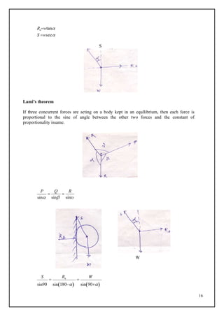 16
Rawtan
S wsec
Lami’s theorem
If three concurrent forces are acting on a body kept in an equllibrium, then each force is
proportional to the sine of angle between the other two forces and the constant of
proportionality issame.
P
sin

Q
sin

R
sin
W
S

Ra

W
sin90 sin180 sin90
S
 