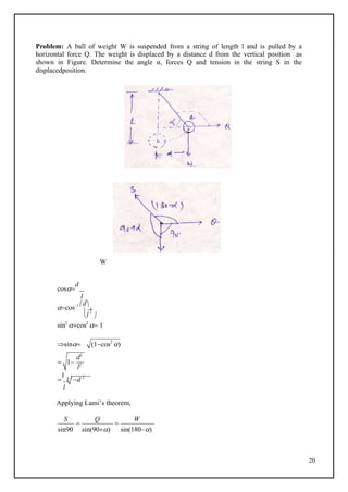 20
l
Problem: A ball of weight W is suspended from a string of length l and is pulled by a
horizontal force Q. The weight is displaced by a distance d from the vertical position as
shown in Figure. Determine the angle α, forces Q and tension in the string S in the
displacedposition.
W
cos
d
l
cos1 d
 
sin2
cos2
 1
sin

(1cos2
)

1
l 2
d 2
l
Applying Lami’s theorem,
S

Q

W
sin90 sin(90) sin(180)
1
d2
l2
 