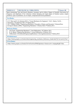 3
MODULE-V MECHANICAL VIBRATIONS Classes: 08
Basic terminology, free and forced vibrations, resonance and its effects; Degree of freedom; Derivation for
frequency and amplitude of free vibrations without damping and single degree of freedom system, simple
problems, types of pendulum, use of simple, compound and torsion pendulums.
Text Books:
1.F. P. Beer and E. R. Johnston (2011), “Vector Mechanics for Engineers”, Vol I - Statics, Vol II, –
2.Dynamics, Tata McGraw Hill , 9th Edition,2013.
3.R. C. Hibbler (2006), “Engineering Mechanics: Principles of Statics and Dynamics”, PearsonPress
4.Irving H. Shames (2006), “Engineering Mechanics”, Prentice Hall, 4th Edition,2013.
Reference Books:
1. A.K.Tayal, “Engineering Mechanics”, Uma Publications, 14th Edition, 2013.
2. R. K. Bansal “Engineering Mechanics”, Laxmi Publication, 8thEdition, 2013.
3. S.Bhavikatti,“ATextBookofEngineeringMechanics”,NewAgeInternational,1st Edition,2012
Web References:
1.https://books.google.co.in/books/about/engineering_mechanics_Reference_Guide.html?id=6x1smAf_PAcC
E-Text Books:
1.https://books.google.co.in/books?id=6wFuw6wufTMC&printsec=frontcover#v=onepage&q&f=false
 