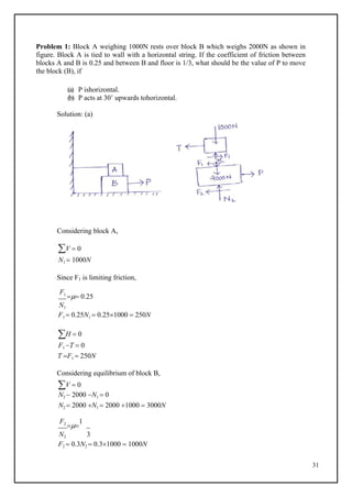 31
Problem 1: Block A weighing 1000N rests over block B which weighs 2000N as shown in
figure. Block A is tied to wall with a horizontal string. If the coefficient of friction between
blocks A and B is 0.25 and between B and floor is 1/3, what should be the value of P to move
the block (B), if
(a) P ishorizontal.
(b) P acts at 30˚ upwards tohorizontal.
Solution: (a)
Considering block A,
V  0
N1  1000N
Since F1 is limiting friction,
F1
 0.25
N1
F1  0.25N1  0.251000  250N
H  0
F1 T  0
T F1  250N
Considering equilibrium of block B,
V  0
N2  2000 N1  0
N2  2000 N1  2000 1000  3000N
F2

1
N2 3
F2  0.3N2  0.31000  1000N
 