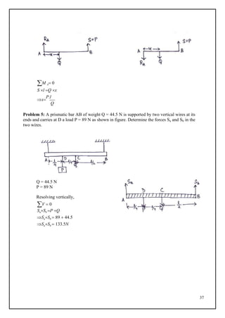 37
OR
M A 0
S l Q x
x
P.l
Q
Problem 5: A prismatic bar AB of weight Q = 44.5 N is supported by two vertical wires at its
ends and carries at D a load P = 89 N as shown in figure. Determine the forces Sa and Sb in the
two wires.
Q = 44.5 N
P = 89 N
Resolving vertically,
V  0
SaSb P Q
SaSb  89  44.5
SaSb  133.5N
 
