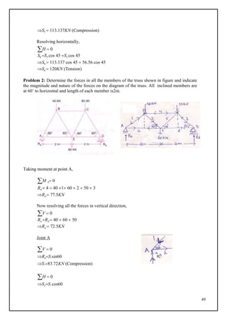 49
S5  113.137KN (Compression)
Resolving horizontally,
H  0
S6 S5 cos 45 S2 cos 45
S6  113.137 cos 45  56.56 cos 45
S6  120KN (Tension)
Problem 2: Determine the forces in all the members of the truss shown in figure and indicate
the magnitude and nature of the forces on the diagram of the truss. All inclined members are
at 60˚ to horizontal and length of each member is2m.
Taking moment at point A,
M A 0
Rd  4  40 1 60  2  50  3
Rd  77.5KN
Now resolving all the forces in vertical direction,
V  0
Ra Rd  40  60  50
Ra  72.5KN
Joint A
V  0
RaS1sin60
S183.72KN (Compression)
H  0
S2S1 cos60
Ra
 