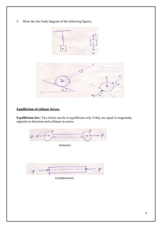 9
Problem 1:
3. Draw the free body diagram of the following figures.
Equilibrium of colinear forces:
Equilibrium law: Two forces can be in equilibrium only if they are equal in magnitude,
opposite in direction and collinear in action.
(tension)
(compression)
 