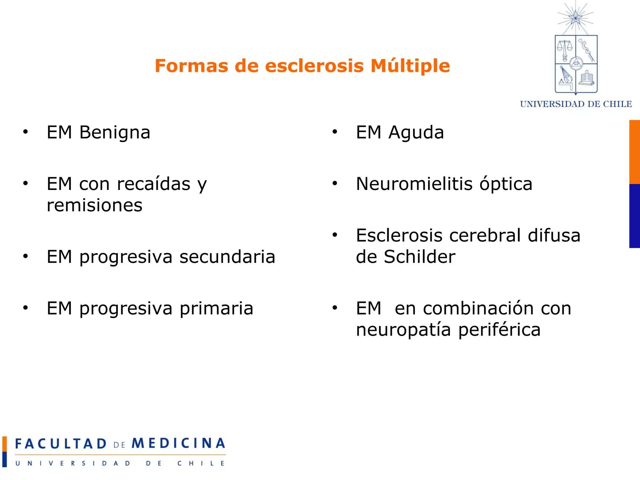 Formas de esclerosis Múltiple EM Benigna EM con recaídas y remisiones EM progresiva secundaria EM progresiva primaria EM Aguda Neuromielitis óptica Esclerosis cerebral difusa de Schilder EM  en combinación con neuropatía periférica 