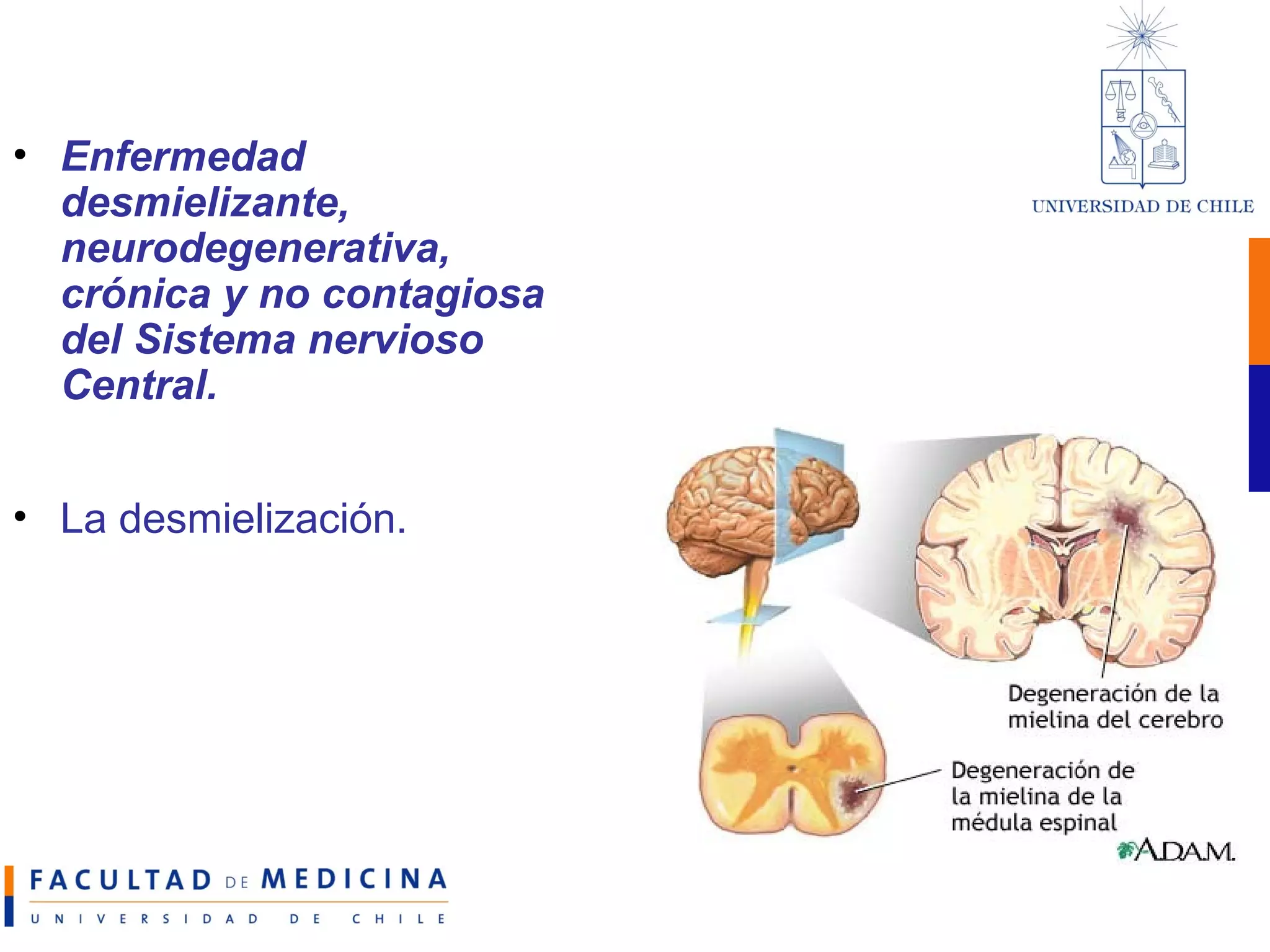 Enfermedad desmielizante, neurodegenerativa, crónica y no contagiosa del Sistema nervioso Central. La desmielización. 
