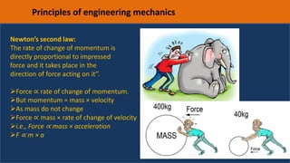 10
Principles of engineering mechanics
Newton’s second law:
The rate of change of momentum is
directly proportional to impressed
force and it takes place in the
direction of force acting on it”.
Force ∝ rate of change of momentum.
But momentum = mass × velocity
As mass do not change
Force ∝ mass × rate of change of velocity
i.e., Force ∝ mass × acceleration
F ∝ m × a
 