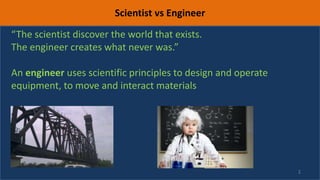 2
“The scientist discover the world that exists.
The engineer creates what never was.”
An engineer uses scientific principles to design and operate
equipment, to move and interact materials
Scientist vs Engineer
 