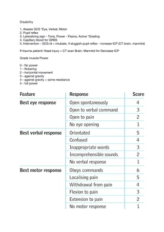 Disability
1. Assess GCS *Eye, Verbal, Motor
2. Pupil reflex
3. Lateralizing sign - Tone, Power - Pasive, Active *Grading
4. Capillary blood for GRBS
5. Intervention - GCS<8 = intubate, if sluggish pupil reflex - increase ICP (CT brain, mannitol)
If trauma patient/ Head injury = CT scan Brain, Mannitol for Decrease ICP
Grade muscle Power
0 - No power
1 - flickering
2 - horizontal movement
3 - against gravity
4 - against gravity + some resistance
5 - full power
 