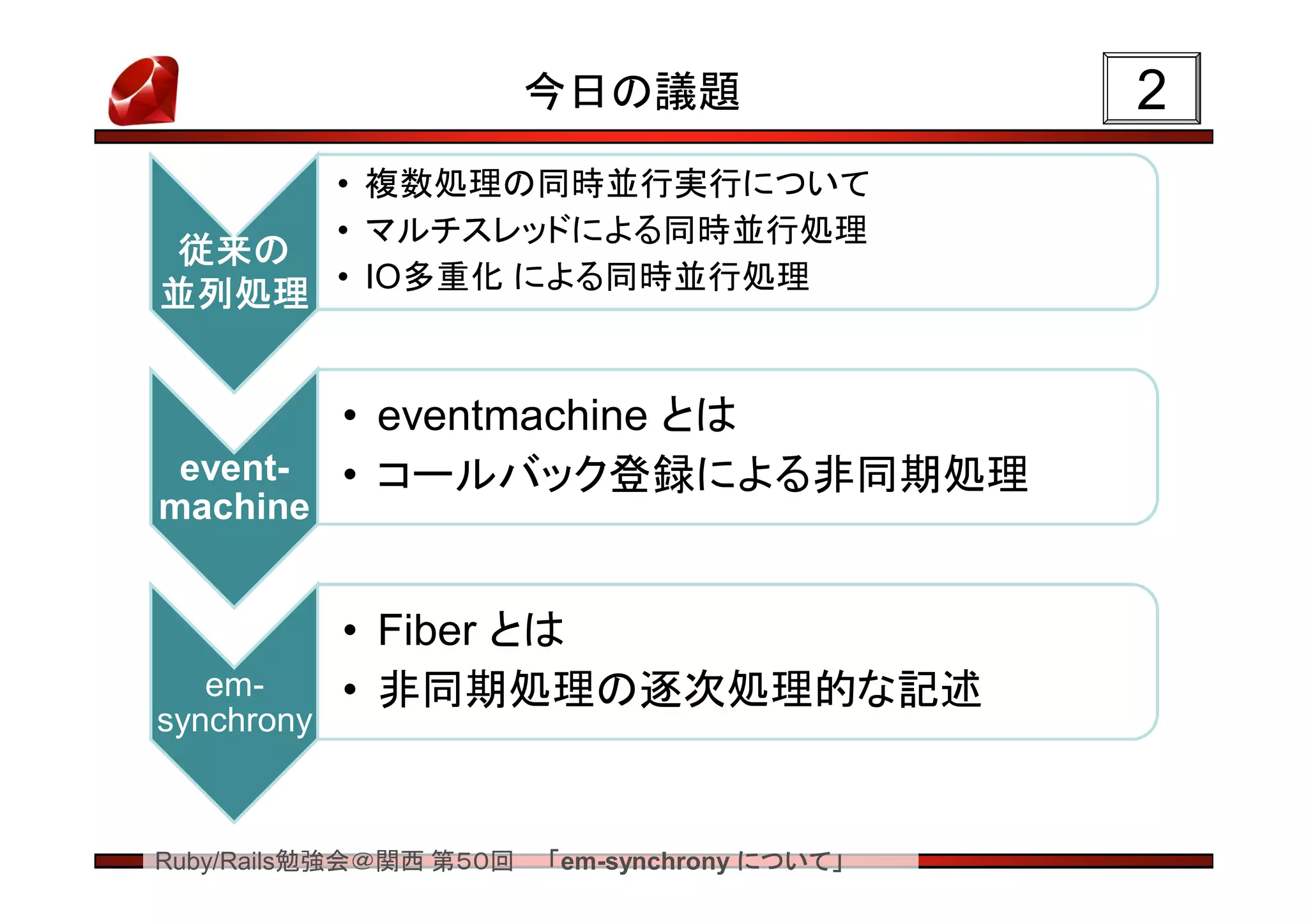 今日の議題                 2
            • 複数処理の同時並行実行について
            • マルチスレッドによる同時並行処理
従来の
            • IO多重化 による同時並行処理
並列処理


            • eventmachine とは
 event-     • コールバック登録による非同期処理
machine


            • Fiber とは
   em-      • 非同期処理の逐次処理的な記述
synchrony



Ruby/Rails勉強会＠関西 第５０回   「em-synchrony について」
 