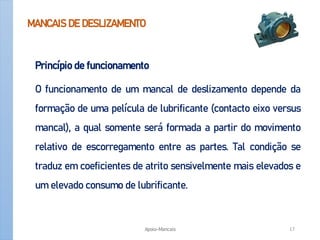 MANCAIS DE DESLIZAMENTO
Princípio de funcionamento
O funcionamento de um mancal de deslizamento depende da
formação de uma película de lubrificante (contacto eixo versus
mancal), a qual somente será formada a partir do movimento
relativo de escorregamento entre as partes. Tal condição se
traduz em coeficientes de atrito sensivelmente mais elevados e
um elevado consumo de lubrificante.
Apoio-Mancais 17
 