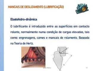 MANCAIS DE DESLIZAMENTO (LUBRIFICAÇÃO)
Elastohidro-dinâmica
O lubrificante é introduzido entre as superfícies em contacto
rolante, normalmente numa condição de cargas elevadas, tais
como: engrenagens, cames e mancais de rolamento. Baseada
na Teoria de Hertz.
Apoio-Mancais 24
 