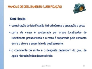 MANCAIS DE DESLIZAMENTO (LUBRIFICAÇÃO)
Semi-líquida
 combinação de lubrificação hidrodinâmica e operação a seco;
 parte da carga é sustentada por áreas localizadas de
lubrificante pressurizado e o resto é suportado pelo contacto
entre o eixo e a superfície de deslizamento;
 o coeficiente de atrito e o desgaste dependem do grau de
apoio hidrodinâmico desenvolvido;
Apoio-Mancais 25
 
