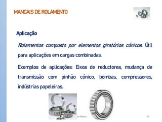 MANCAIS DE ROLAMENTO
Aplicação
Rolamentos composto por elementos giratórios cónicos. Útil
para aplicações em cargas combinadas.
Exemplos de aplicações: Eixos de reductores, mudança de
transmissão com pinhão cónico, bombas, compressores,
indústrias papeleiras.
Apoio-Mancais 46
 
