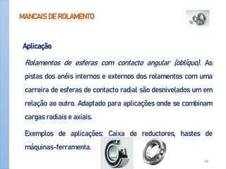MANCAIS DE ROLAMENTO
Aplicação
Rolamentos de esferas com contacto angular (oblíquo). As
pistas dos anéis internos e externos dos rolamentos com uma
carreira de esferas de contacto radial são desnivelados um em
relação ao outro. Adaptado para aplicações onde se combinam
cargas radiais e axiais.
Exemplos de aplicações: Caixa de reductores, hastes de
máquinas-ferramenta.
Apoio-Mancais 48
 
