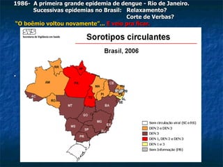 1986-  A primeira grande epidemia de dengue - Rio de Janeiro.  Sucessivas epidemias no Brasil:  Relaxamento? Corte de Verbas? “ O boêmio voltou novamente”...   E veio pra ficar. . 