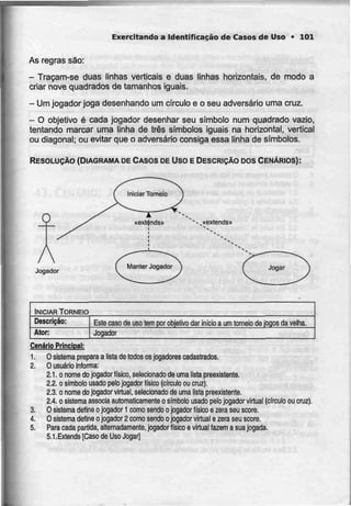 Exercitando a Identificação de Casos de Uso • 101
As regras são:
- Traçam-se duas linhas verticais e duas linhas horizontais, de modo a
criar nove quadrados de tamanhos iguais.
- Um jogador joga desenhando umcírculo e o seuadversário umacruz.
- O objetivo é cada jogador desenhar seu símbolo num quadrado vazio,
tentando marcar uma linha de três símbolos iguais na horizontal, vertical
ou diagonal; ou evitar que o adversário consiga essa linha de símbolos.
RESOLUÇÃO (DIAGRAMA DECASOS DE Uso E DESCRIÇÃO DOSCENÁRIOS):
O .nextends»
Jogador
INICIAR TORNEIO
Descrição:
Ator:
Este caso de uso tem por objetivo dar inicio a um torneio de jogos da velha.
Jogador
Cenário Principal;
1. O sistema prepara a lista de todos os jogadores cadastrados.
2. O usuário informa:
2.1. o nome do jogador físico, selecionado de uma listapreexistente.
2.2. o símbolo usado pelo jogador lísico (círculo ou cruz).
2.3. o nome do jogador virtual, selecionado de uma lista preexistente.
2.4. o sistema associa automaticamente o símbolo usado pelo jogador virtual (círculo ou cruz).
3. O sistema define o jogador 1como sendo ojogador lísico e zera seu score.
4. O sistema define o jogador 2 como sendo ojogador virtual e zera seu score.
5. Para cada partida, altemadamente, jogador físico e virtual fazem a sua jogada.
S.I.Extends [Caso de UsoJogar]
 