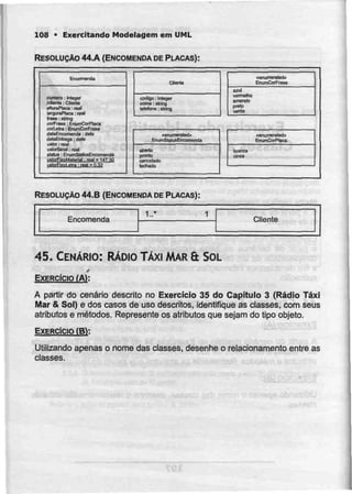 108 • Exercitando Modelagem em UML
RESOLUÇÃO 44.A (ENCOMENDA DE PLACAS):
Encomenda
numero :kilagef
/diante : Cliente
slturaPlaca :ré.-
larguraPlaca - real
frase :slrlng
eorFrase : EnumCoiPlaca
-i ~ : EnumCocFrase
dalBErieomenda :dato
dalaEntíega :date
valorSinal. real
' : : £ I.MÕ; ;' '^L--.1 :r-.'.r:"L
nalytFifQtAaiErizLJsat = 147.30
valorFi*r>l pira jp.aí - 0 .1?
Cfente
código : Inleger
ntxne ;stríng
telefone : slring
•enurnefateií.
EnUmSfglusEncoíTiÊrKla
aberto
pronto
cancelado
°
•enumeratedD
EnumCorFrasfl
azul
vermelho
amareio
pato
vsrde
•BnuirarateÚ*
EnumCurPlaca
branca
cinza
RESOLUÇÃO 44.B (ENCOMENDA DE PLACAS):
Encomenda
1..* 1
Cliente
45. CENÁRIO: RÁDIOTÁXI MAR a SOL
»
EXERCÍCIO fAl:
A partir do cenário descrito no Exercício 35 do Capítulo 3 (Rádio Táxi
Mar & Sol) e dos casos de uso descritos, identifique as classes, com seus
atributos e métodos. Represente os atributos que sejam do tipo objeío,
EXERCÍCIO fB):
Utilizando apenas o nome das classes, desenhe o relacionamento entre as
classes.
 