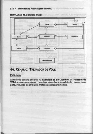 110 • Exercitando Modelagem em UML
RESOLUÇÃO 45.B (RÁDIO TAXI):
0..1
46. CENÁRIO: TREINADOR DEVÔLEIt
EXERCÍCIO:
A partir do cenário descrito no Exercício 36 do Capítulo 3 (Treinador de
Vôlel) e dos casos de uso descritos, desenhe um modelo de classes com-
pleto, incluindo os atributos, métodos e relacionamentos.
 