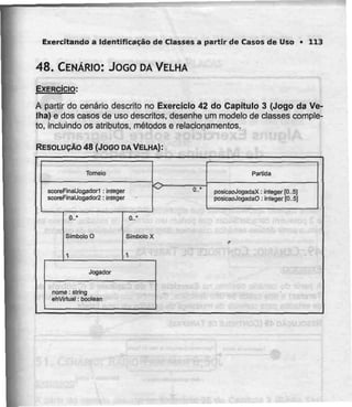 Exercitando a Identificação de Classesa partir de Casos de Uso • 113
48. CENÁRIO: JOGO DAVELHA
EXERCÍCIO:
A partir do cenário descrito no Exercício 42 do Capítulo 3 (Jogo da Ve-
lha) e dos casos de uso descritos, desenhe um modelo de classes comple-
to, incluindo os atributos, métodos e relacionamentos.
RESOLUÇÃO 48 (JOGO DA VELHA):
Torneio
scoreFinalJogadorl : Inlegar
scoreFinalJogador2 : integer
0..'
Símbolo O
1
Jogador
nome: string
ehVirtiial: boolaan
D..*
Símbolo X
1
D..*
Partida
posicaoJogadaX: inleger [0..5J
posiçãoJogadaO : integer [0..5]
 