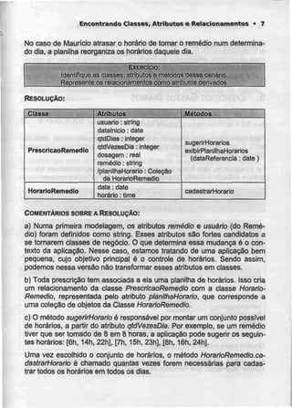 Encontrando Classes,Atributos e Relacionamentos * 7
No caso de Maurício atrasar o horário de tomar o remédio num determina-
do dia, a planilha reorganiza os horários daquele dia.
EXERCÍCIO:
Identifique asclasses, atributos e métodosdesse cenário.
Represente os relacionamentos como atributos derivados.
RESOLUÇÃO:
Classe
PrescricaoRemedio
HorarloRemedio
Atributos
usuário :stríng
datalnicio :date
qtdDias : integer
qtdVezesDia : integer
dosagem : real
remédio :string
/planrlnaHorario : Coleção
de HorarioRemedio
data :date
horário :time
Métodos
sugerirHorarios
exibirPlanilhaHorarios
(dataReferencia :date )
cadastrarHorario
COMENTÁRIOS SOBREA RESOLUÇÃO:
a) Numa primeira modelagem. os atributos remédio e usuário (do Remé-
dio) foram definidos como string. Esses atributos são fortes candidatos a
se tomarem classes de negócio. O que determina essa mudança é o con-
texto da aplicação. Nesse caso, estamos tratando de uma aplicação bem
pequena, cujo objetivo principal é o controle de horários. Sendo assim,
podemos nessa versão não transformar esses atributos em classes.
b) Toda prescrição tem associada a ela uma planilha de horários. Isso cria
um relacionamento da classe PrescricaoRemedio com a classe Horario-
Remedio, representada pelo atributo planilhaHorario. que corresponde a
uma coíeção de objetos da Classe HorarioRemedio.
c) O método sugerirHorarío é responsável por montar um conjunto possível
de horários, a partir do atributo qtdVezesDia. Por exemplo, se um remédio
tiver que ser tomado de 8 em 8 horas, a aplicação pode sugerir os seguin-
tes horários: [6h, 14h. 22h], [7h, 15h, 23h], [8h, 16h, 24h].
Uma vez escolhido o conjunto de horários, o método HoraríoRemedio.ca-
dastrarHorario é chamado quantas vezes forem necessárias para cadas-
trar todos os horários em todos os dias.
 