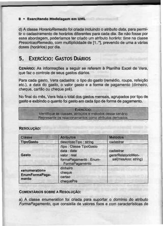 8 • Exercitando Modelagem emUML
d) A classeHorarioRemedio foi criada incluindo o atributo data, para permi-
tir o cadastramento de horários diferentes para cada dia.Se não fosse por
essa abordagem, poderíamos ter criado um atributo horário: time na classe
PrescricaoRemedio, com multiplicidade de [1..*], prevendo de uma avárias
doses (horários) por dia.
5. EXERCÍCIO: GASTOS DIÁRIOS
CENÁRIO: As informações a seguir se referem à Planilha Excel de Vera,
que faz o controle de seus gastos diários.
Para cada gasto, Vera cadastra: o tipo do gasto (remédio, roupa, refeição
etc.), a data do gasto, o valor gaslo e a forma de pagamento (dinheiro,
cheque, cartão ou cheque pré).
No final do mês, Vera lista o total dos gastos mensais, agrupados por tipo de
gasto e exibindo o quanto foi gasto em cada tipo de forma de pagamento.
EXERCÍCIO:
Identifique as classes,atributose métodos desse cenário.
Represente os relacionamentos comoatrlbulos derivados^
RESOLUÇÃO:
Classe
TipoGasto
Gasto
«enumerationi»
EnumFormaPaga-
mento
Atributos
descricaoTipo : string
/tipo : Classe TipoGasto
data : date
valor : real
formaPagamento : Enum-
FormaPagamento
dinheiro
cheque
cartão
chequePre
Métodos
cadastrar
cadastrar
gerarRelatoríoMen-
sal{mesAno: string)
COMENTÁRIOS SOBRE A RESOLUÇÃO:
a) A classe enumeration foi criada para suportar o domínio do atributo
FormaPagamento, que consistia de valores fixos e com características de
 