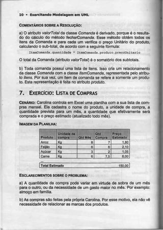 10 • Exercitando Modelagem em UML
COMENTÁRIOS SOBREA RESOLUÇÃO:
a) O atributo va/orTbfa/da classe Comanda é derivado, porque é o resulta-
do do cálculo do método fecharComanda. Esse método obtém todos os
itens da Comanda e para cada um verifica o preço Unitário do produto,
calculando o sub-total, de acordo com a seguinte fórmula:
ItemComanda.quantidade * ItemComanda.produto.precoOnitario
O total da Comanda (atributo valorTotal) é o somatório dos subtotais.
b) Toda comanda possui uma lista de itens. Isso cria um relacionamento
da classe Comandacom a classe ItemComanda, representada pelo atribu-
to /tens. Por sua vez,um item de comanda se refere a somente um produ-
to. Esta representação é feita no atributo produto.
7. EXERCÍCIO: LISTA DECOMPRAS
CENÁRIO: Carolina controla em Excel uma planilha com a sua lista de com-
pras mensal. Ela cadastra o nome do produto, a unidade de compra, a
quantidade prevista para um mês, a quantidade que efetivamente será
comprada e o preço estimado (atualizado todo mês).
IMAGEM DA PLANILHA:
Produto
Arroz
Feijão
Açúcar
Carne
Unidade de
compra
Kg
Kg
Kg
Kg
Qtd Mês
8
6
3
6
Qtd
Compra
7
6
2
7,5
Preço
Estimado
1,80
2,10
1,05
8,00
Total Estimado 150,00
ESCLARECIMENTOS SOBREo PROBLEMA:
a) A quantidade de compra pode variar em virtude de sobra de um mês
para o outro, ou da necessidade de um gasto maior no mês.Por exemplo:
almoço em família.
b) As compras são feitas pela própria Carolina. Por esse motivo, ela não vê
necessidade de relacionar as marcas dos produtos.
 