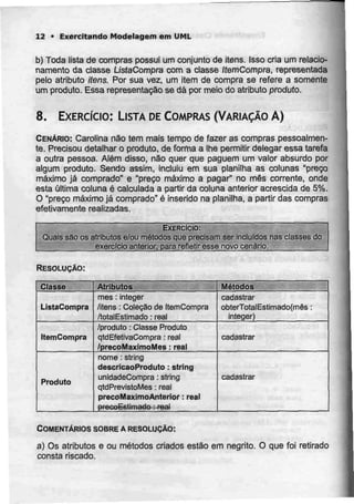 12 • Exercitando Modelagem em UML
b) Toda lista de compras possui um conjunto de itens. Isso cria um relacio-
namento da classe ListaCompra com a classe ItemCompra, representada
pelo atributo itens. Por sua vez, um item de compra se refere a somente
um produto. Essa representação se dá por meio do atributo produto.
8. EXERCÍCIO: LISTA DECOMPRAS (VARIAÇÃO A)
CENÁRIO: Carolina não tem mais tempo de fazer as compras pessoalmen-
te. Precisou detalhar o produto, de forma a lhe permitir delegar essa tarefa
a outra pessoa. Além disso, não quer que paguem um valor absurdo por
algum produto. Sendo assim, incluiu em sua planilha as colunas "preço
máximo já comprado" e "preço máximo a pagar" no mês corrente, onde
esta última coluna é calculada a partir da coluna anterior acrescida de 5%.
O "preço máximo já comprado" é inserido na planilha, a partir das compras
efetivamente realizadas.
EXERCÍCIO:
Quais são os atributos e/ou métodos que precisam ser incluídos nas classes do
exercfcjo gnjerjgrjara reflejir esse novo cenário.
RESOLUÇÃO:
Classe
ListaCompra
ItemCompra
Produto
Atributos
mês : integer
/itens : Coleção de líemCompra
/totalEstimado :real
/produto : Classe Produto
qtdEfetivaCompra :real
/preçoMáximoMes : real
nome : string
descricaoProduto : string
unidadeCompra :string
qtdPrevistoMes : real
precoMaximoAnterior : real
procoEstímado :-feol
Métodos
cadastrar
obterTotalEstimado(mês :
integer)
cadastrar
cadastrar
COMENTÁRIOS SOBRE A RESOLUÇÃO:
a) Os atributos e ou métodos criados estão em negrito. O que foi retirado
consta riscado.
 