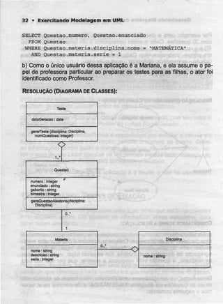32 • ExercitandoModelagem em UML
SELECT Questão.numero. Questão.enunciado
FROM Questão
WHERE Questão.matéria.disciplina.nome = "MATEMÁTICA"
AND Questão.matéria.serie = l
b) Como o único usuário dessa aplicação é a Mariana, e ela assume o pa-
pel de professora particular ao preparar os testes para as filhas, o ator foi
identificado como Professor.
RESOLUÇÃO (DIAGRAMA DE CLASSES):
Teste
dataGeracão: date
gerarTeste (disciplina: Disciplina,
numQuestões: Inleger)
Questão
numero: inleger
enunciado :string
gabarito : string
bimestre: ínteger
geraQuestaoA!ealoria(disciplina:
Disciplina)
0..'
Maleria
nome; string
descrição : string
serie: integer
O
Disciplina
nome: strirtg
 