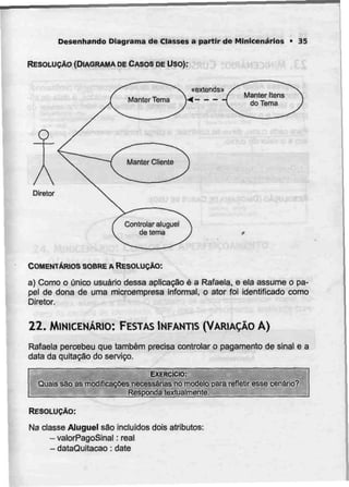 Desenhando Diagrama de Classes a partir de Minicenárlos • 35
RESOLUÇÃO (DIAGRAMA DECASOS DE Uso):
O
Controlar aluguel
de tema
«extends»
Diretor
COMENTÁRIOS SOBREA RESOLUÇÃO:
a) Como o único usuário dessa aplicação é a Rafaela, e ela assume o pa-
pel de dona de uma microempresa informal, o ator foi identificado como
Diretor.
22. MINICENÁRIO: FESTAS INFANTIS (VARIAÇÃO A)
Rafaela percebeu que também precisa controlar o pagamento de sinal e a
data da quitação do serviço.
EXERCÍCIO:
Quais são as modificações necessárias nomodelo para refletir esse cenário?
Responda textualmente.
RESOLUÇÃO:
Na classe Aluguel são incluídos dois atributos:
- valorPagoSinal: real
- dataQuitacao: date
 