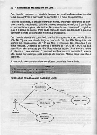 52 • Exercitando Modelagem em UML
Dra. Janete contratou um analista free-lancer para lhe desenvolver umsis-
tema que controle a marcação de consultas e a ficha dos pacientes.
Para os pacientes, é preciso controlar: nome, endereço, telefones de con-
tato, data de nascimento, data da primeira consulta, e-mail, se é particular
ou conveniado a plano de saúde. No caso de ser conveniado, registrar
qual é o plano de saúde. Para cada plano de saúde credenciado é preciso
controlar o limite de consultas no mês, por paciente.
Dra. Janete atende no consultório da Ilha às segundas e sextas, de 9h às
18h. Na Tijuca, ela atende terça e quarta de 10h as 18h. Na quinta, ela
atende em Bonsucesso, de 10h às 18h.O intervalo das consultas é de
trinta minutos. O horário de almoço é sempre de 12h30 às 13h30. Só são
permitidos três encaixes por dia. Para clientes novos, Ana anota o nome
do cliente e o seu telefone. É preciso identificar se uma consulta é de revi-
são, como por exemplo para entrega de exames. Nesse caso, ela não é
cobrada.
A marcação de consultas deve considerar uma data futura limite.
EXERCÍCIO:
1. Desenhe o diagrama de casos de uso.
2. Desenhe o diagrama de classes completo.
RESOLUÇÃO (DIAGRAMA DECASOS DEUso):
"-- includa
«exlends»
Secretária
 