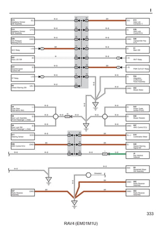 RAV4 (EM01M1U)
333
I
E6 (UN–)
E31 (E)
E51 (E)
E56 (GND)
E12 (LFG)
E12 (EL)
E47 (GND)
E50 (GND)
E11 (ESS)
(SG) E13
E39
(E)
(GND) E46
(E) E1
INVT Relay
(–S)
(–S)
PWR OUTLET Relay
E63
E62
(GND)
(E) E20
E19
(ILL–)
E53
(GND)
(E) E24
(GND)
E3
4A
81
4A
83
4B
36
4A
8
4A
11
4A
10
4B
23
4A
22
4A
79
4A
82
4B
11
W–B
W–B
W–B
W
W–B
BR
W–B
W–B
W–B
W–B
BR
6
5
E4
3B
6
3B
7
3B
3A
19
3A
18
E5
W–B
BR
W–B BR
BR
BR
BR
BR
W–B
W–B
W–B
(Shielded)
W–B
W–B
E43
(E)
(E) E55
W–B
(GND) E57
W–B
W–B
G6 (E)
G5 (E)
G4
W–B
(–)
W–B
18
GE2
W–B
W–B
W–B
W–B
(EW) E9
E2
W–B
W–B
43
Headlamp Dimmer
SW Assembly
Headlamp Dimmer
SW Assembly
Tire Pressure
Warning ECU
Auto LSD SW
Downhill Assist
Control SW
Unlock Warning SW
Outer Rear
View Mirror (RH)
Door Lock Assembly
(Front Passenger' s Side)
Door Lock SW
(Front Passenger' s Side)
Steering Sensor
4WD Control ECU
Radio Receiver
Assembly
Data Link
Connector 3
Shift Lock
Control ECU
Transponder Key
ECU
Main SW
Integration
Control and
Panel Assembly
Blower Motor
Power Outlet
Socket (Front)
Blower Resistor
4WD Control ECU
Combination Meter
Hazard Warning
Signal SW
Windshield Wiper
SW Assembly
Radio Receiver
Assembly
Radio Receiver
Assembly
4A
84
W–B
d1
G–B
3A
78 1
Ed1
W–B
Key Interlock
Solenoid
4A
12
(–S)
ACC Relay
5
BR
(–S)
ST Relay
4A
9
W–B
7 4A
70
W–B
 