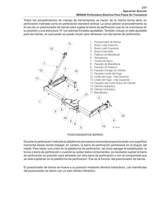 2-77
Operación Sección
MD6640 Perforadora Electrica Para Pozos De Tronadural
Todos los procedimientos de manejo de herramientas se hacen de la misma forma tanto en
perforación inclinada como en perforación standard vertical. La única adición al procedimiento es
el uso de un posicionador de barras para sujetar la barra de perforación que se va a enroscar en
su posición y una estructura “A” con piernas frontales ajustables. También incluye un sello ajustable
para las barras, el cual puede se puede mover para alinearse con las barras de perforación.
POSICIONADOR DE BARRAS
Durante la perforación inclinada la plataforma permanece horizontal proporcionando una superficie
horizontal desde donde trabajar, en cambio, la barra de perforación permanece en el ángulo del
mástil. Para hacer una unión en la plataforma de perforación, tal como agregar el estabilizador, la
broca o barra de perforación o cuando se quitan éstos componentes, es necesario sujetar la barra
de perforación en posición para alinearla con otra barra de perforación o con el componente que
se está sujetando en la plataforma de perforación. Esa es la función del posicionador de barras.
El posicionador de barras se mueve a su posición mediante cilindros hidráulicos. Las mandíbulas
del posicionador se abren con un solo cilindro hidráulico.
 