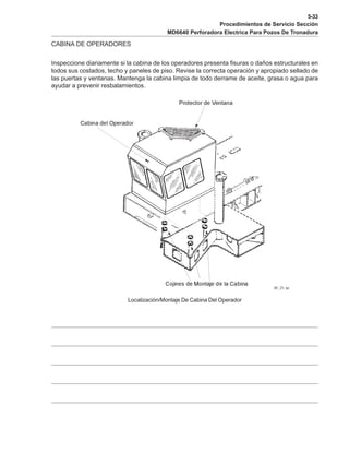 5-33
Procedimientos de Servicio Sección
MD6640 Perforadora Electrica Para Pozos De Tronadura
CABINA DE OPERADORES
Inspeccione diariamente si la cabina de los operadores presenta fisuras o daños estructurales en
todos sus costados, techo y paneles de piso. Revise la correcta operación y apropiado sellado de
las puertas y ventanas. Mantenga la cabina limpia de todo derrame de aceite, grasa o agua para
ayudar a prevenir resbalamientos.
Localización/Montaje De Cabina Del Operador
 