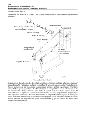 5-94
Procedimientos de Servicio Sección
MD6640 Perforadora Electrica Para Pozos De Tronadura
TIRANTES DEL MÁSTIL
Los tirantes del mástil de la MD6640 son usados para soportar el mástil durante la perforación
inclinada.
Tirantes Del Mástil - Detalles
Inspeccione a diario los tirantes del mástil por si tienen herrajes sueltos o faltantes o cualquier
desgaste o daño. Reemplace cualquier herraje faltante y repare cualquier daño inmediatamente.
Revise diariamente los pasadores superiores de anclaje, golillas y pernos de retención,
asegurándose que los pasadores de retención estén en su lugar. Inspeccione si la estructura de
los tirantes del mástil tiene fisuras u otros daños. Repare la estructura de los tirantes del mástil
con las técnicas de reparación por soldadura indicada en el apéndice. Inspeccione si los pasadores
telescópicos de cierre tienen desgaste. Los cilindros de los pasadores telescópicos de cierre y las
líneas hidráulicas deberían ser revisadas diariamente por si tienen filtraciones. Verifique que las
tuercas de cierre de los pernos de ajuste estén apretadas y que los tirantes del mástil están
apropiadamente ajustados.
 