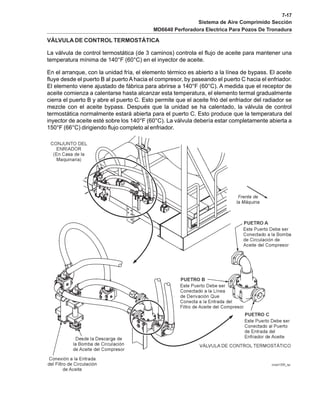 7-17
Sistema de Aire Comprimido Sección
MD6640 Perforadora Electrica Para Pozos De Tronadura
VÁLVULA DE CONTROL TERMOSTÁTICA
La válvula de control termostática (de 3 caminos) controla el flujo de aceite para mantener una
temperatura mínima de 140°F (60°C) en el inyector de aceite.
En el arranque, con la unidad fría, el elemento térmico es abierto a la línea de bypass. El aceite
fluye desde el puerto B al puerto A hacia el compresor, by paseando el puerto C hacia el enfriador.
El elemento viene ajustado de fábrica para abrirse a 140°F (60°C). A medida que el receptor de
aceite comienza a calentarse hasta alcanzar esta temperatura, el elemento termal gradualmente
cierra el puerto B y abre el puerto C. Esto permite que el aceite frió del enfriador del radiador se
mezcle con el aceite bypass. Después que la unidad se ha calentado, la válvula de control
termostática normalmente estará abierta para el puerto C. Esto produce que la temperatura del
inyector de aceite esté sobre los 140°F (60°C). La válvula debería estar completamente abierta a
150°F (66°C) dirigiendo flujo completo al enfriador.
 