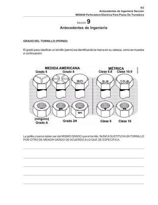 9-3
Antecedentes de Ingenieria Sección
MD6640 Perforadora Electrica Para Pozos De Tronadura
Sección 9
Antecedentes de Ingenieria
GRADO DEL TORNILLO (PERNO)
El grado para clasificar un tornillo (perno) es identificando la marca en su cabeza, como se muestra
a continuación:
La golilla y tuerca deben ser del MISMO GRADO que el tornillo. NUNCASUSTITUYAUN TORNILLO
POR OTRO DE MENOR GRADO DE ACUERDO A LO QUE SE ESPECIFICA.
 