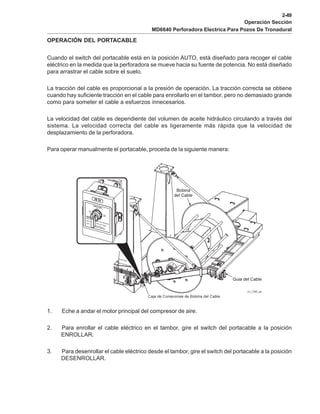 2-49
Operación Sección
MD6640 Perforadora Electrica Para Pozos De Tronadural
OPERACIÓN DEL PORTACABLE
Cuando el switch del portacable está en la posición AUTO, está diseñado para recoger el cable
eléctrico en la medida que la perforadora se mueve hacia su fuente de potencia. No está diseñado
para arrastrar el cable sobre el suelo.
La tracción del cable es proporcional a la presión de operación. La tracción correcta se obtiene
cuando hay suficiente tracción en el cable para enrollarlo en el tambor, pero no demasiado grande
como para someter el cable a esfuerzos innecesarios.
La velocidad del cable es dependiente del volumen de aceite hidráulico circulando a través del
sistema. La velocidad correcta del cable es ligeramente más rápida que la velocidad de
desplazamiento de la perforadora.
Para operar manualmente el portacable, proceda de la siguiente manera:
1. Eche a andar el motor principal del compresor de aire.
2. Para enrollar el cable eléctrico en el tambor, gire el switch del portacable a la posición
ENROLLAR.
3. Para desenrollar el cable eléctrico desde el tambor, gire el switch del portacable a la posición
DESENROLLAR.
 